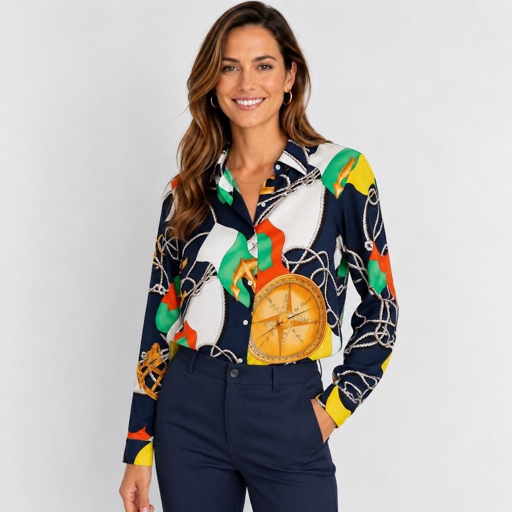 Lauren Ralph Lauren Silk Button Up Blouse 6P Nautical Scarf Print Classic Preppy